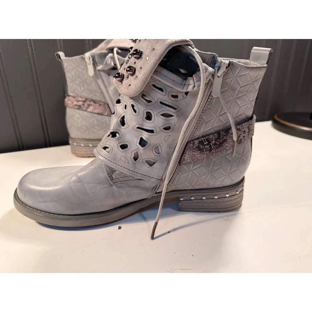 Lala Iaki Grey Studded Laser Cut Ankle Boots EU 40 Snakeskin Strap Buckle Zip
